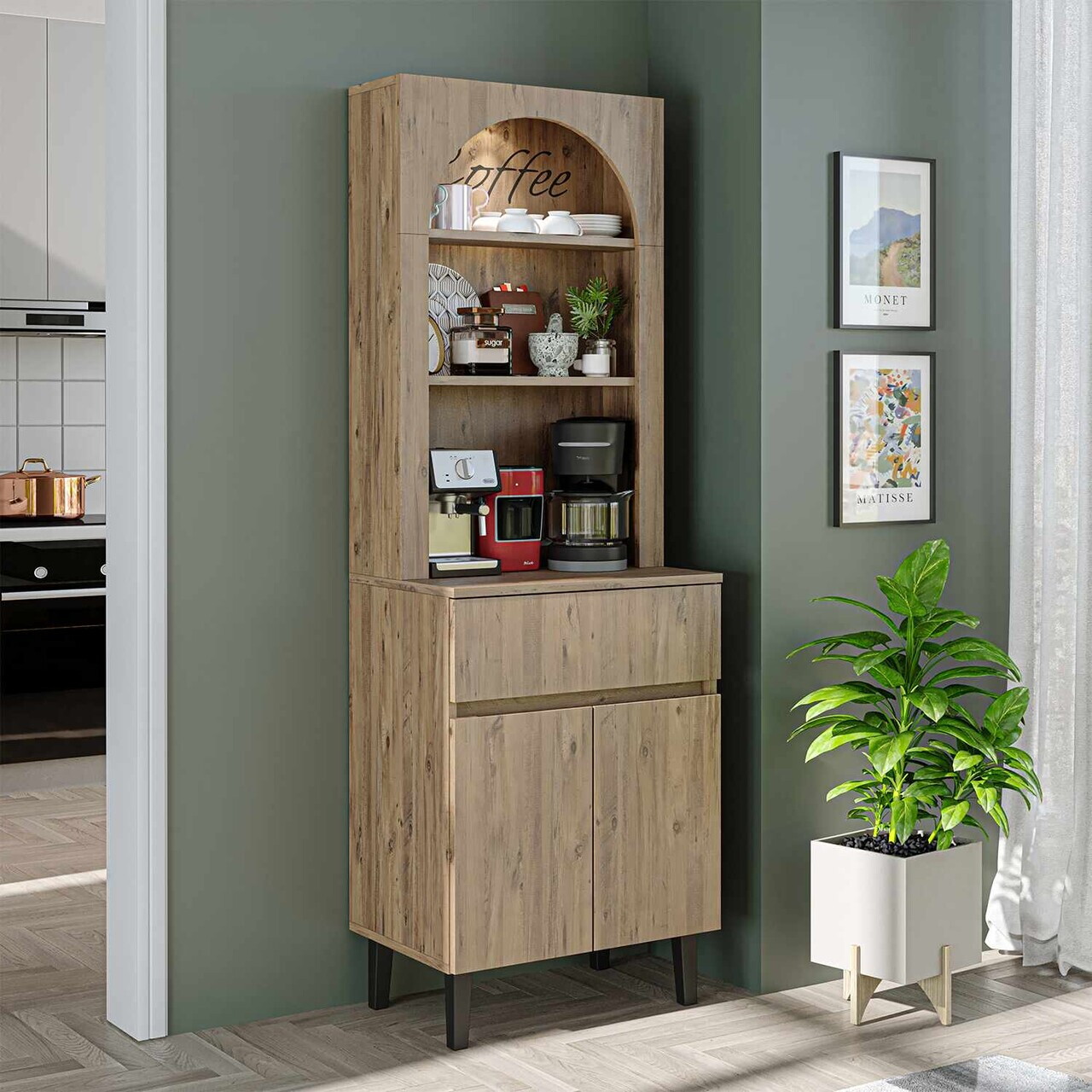 Dulap de bar pentru cafea, Hanah Home, Ledli, 60x179x41.8 cm, PAL, Maro