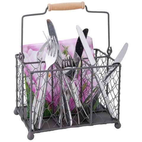 Suport pentru tacamuri si servetele, esschert, 14.8 x 21.2 x 16.3 cm, fier/lemn de plop