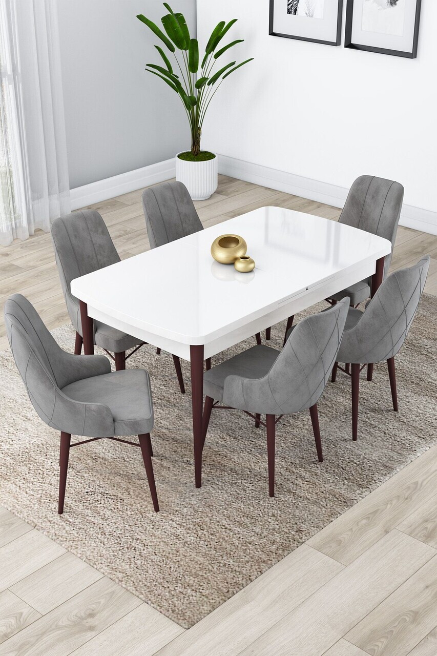Set masa extensibila si scaune (7 piese), Hanah Home, Lia, Alb / Nuc / Gri