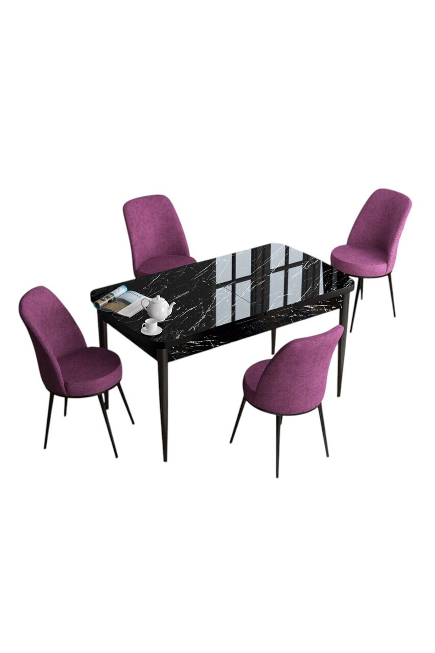 Set masa extensibila si scaune (5 piese), Hanah Home, Han, Model de marmură neagră / violet — imaginea 2