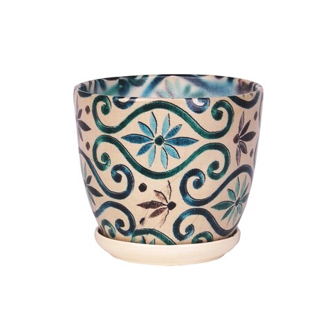 Ghiveci cu farfurie Wenus, ceramica 15 cm, bej/verde/albastru
