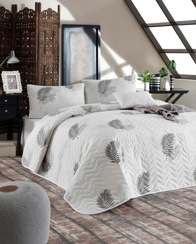 Set cuvertura cu 2 fete de perna, Eponj Home, Palma 143EPQ69408, 220 x 240 cm, amestec bumbac, alb/gri 143EPQ69408 imagine 2022