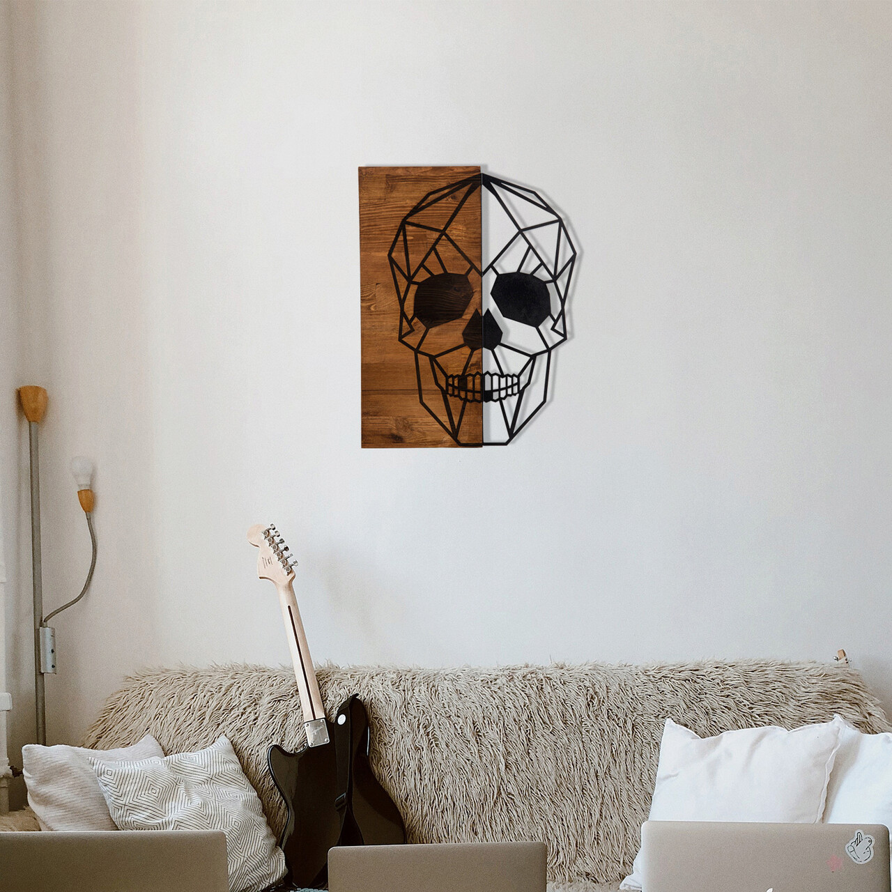 Decoratiune de perete, Skull Metal Decor, Metal, Cadru: 100% LEMN (grosime: 3 cm), Nuc negru