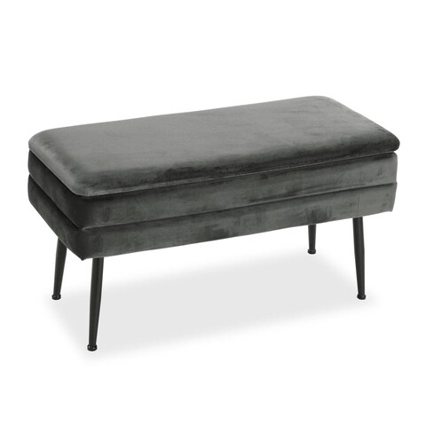Bancheta cu spatiu de depozitare Madison, Versa, 79.5 x 42 x 37.5 cm, catifea/lemn de pin, gri inchis