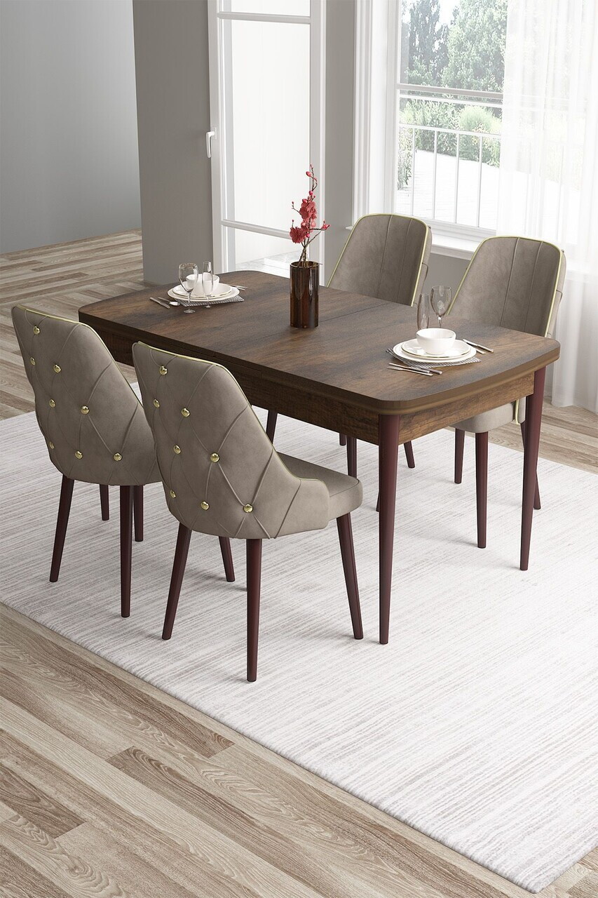 Set masa si scaune (5 piese), Hanah Home, Tia, Model baroc din lemn / Cappuccino