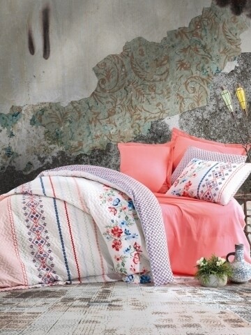 Lenjerie de pat matlasata pentru 2 persoane, 4 piese, 100% bumbac ranforce, Cotton Box, Elena Salmon