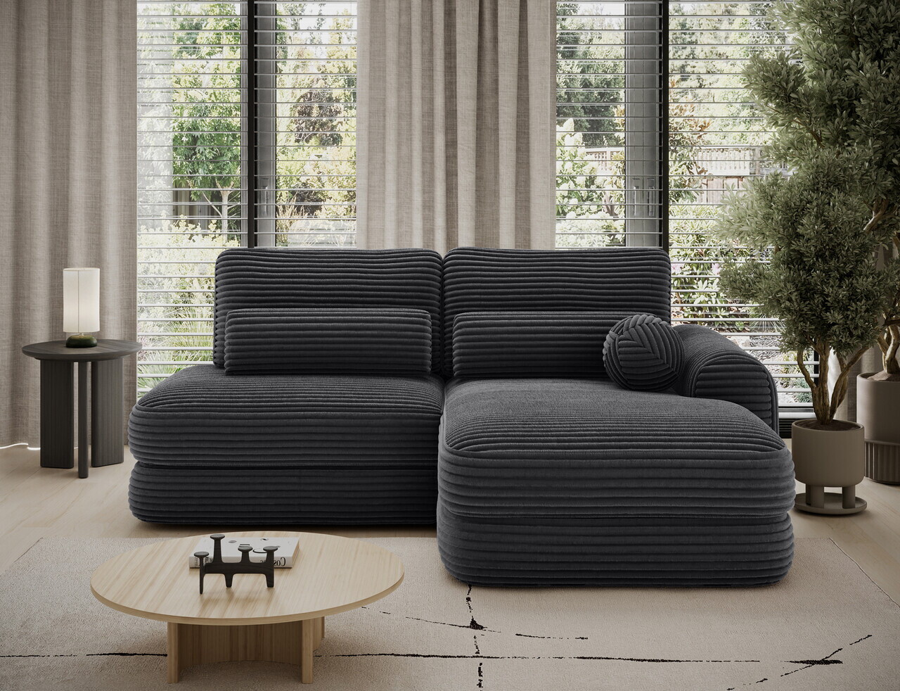 Coltar extensibil dreapta 3 locuri ELTAP, Ripeli, 217x175x96 cm, lemn/catifea din poliester, negru — imaginea 3