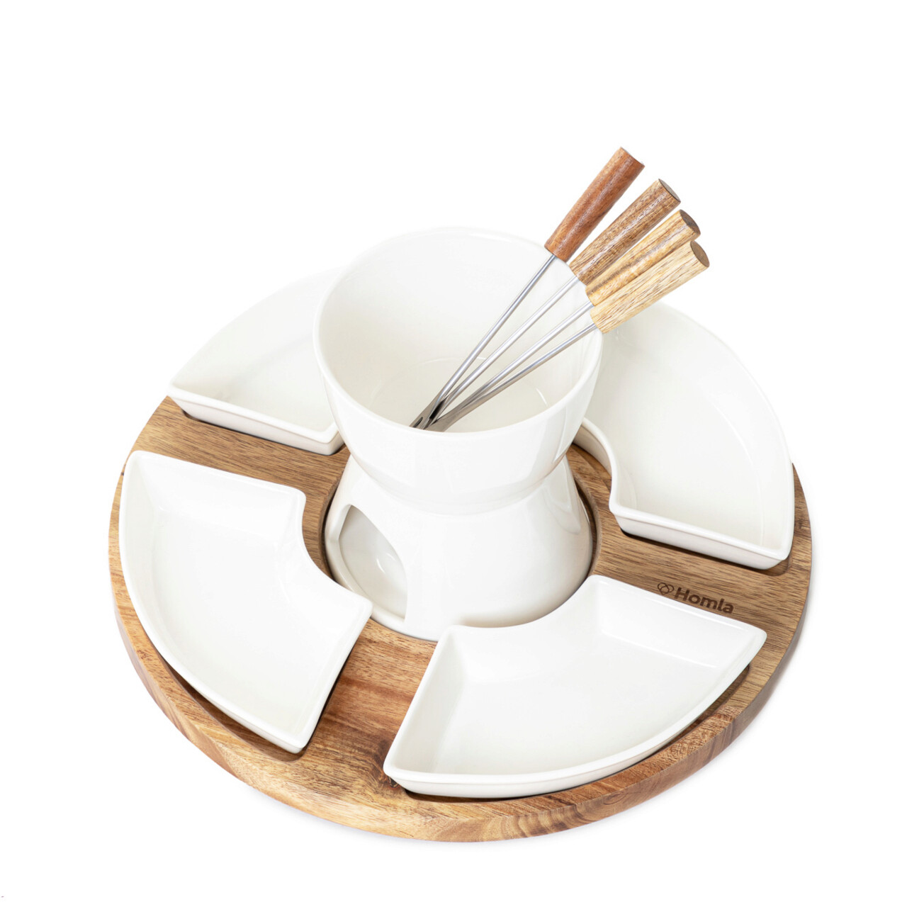 Set servire fondue Mooka, Homla, 27x13 cm, portelan/lemn/inox, alb/natur - 1 | YEO