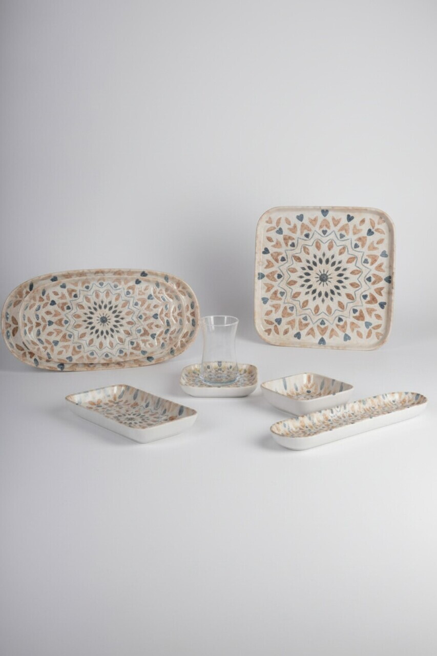 Set de mic dejun, Hermia, 208PEK1109, Portelan, Platou cu măsline: 25 cm (2 bucăți), Alb / Crem / Maro / Albastru