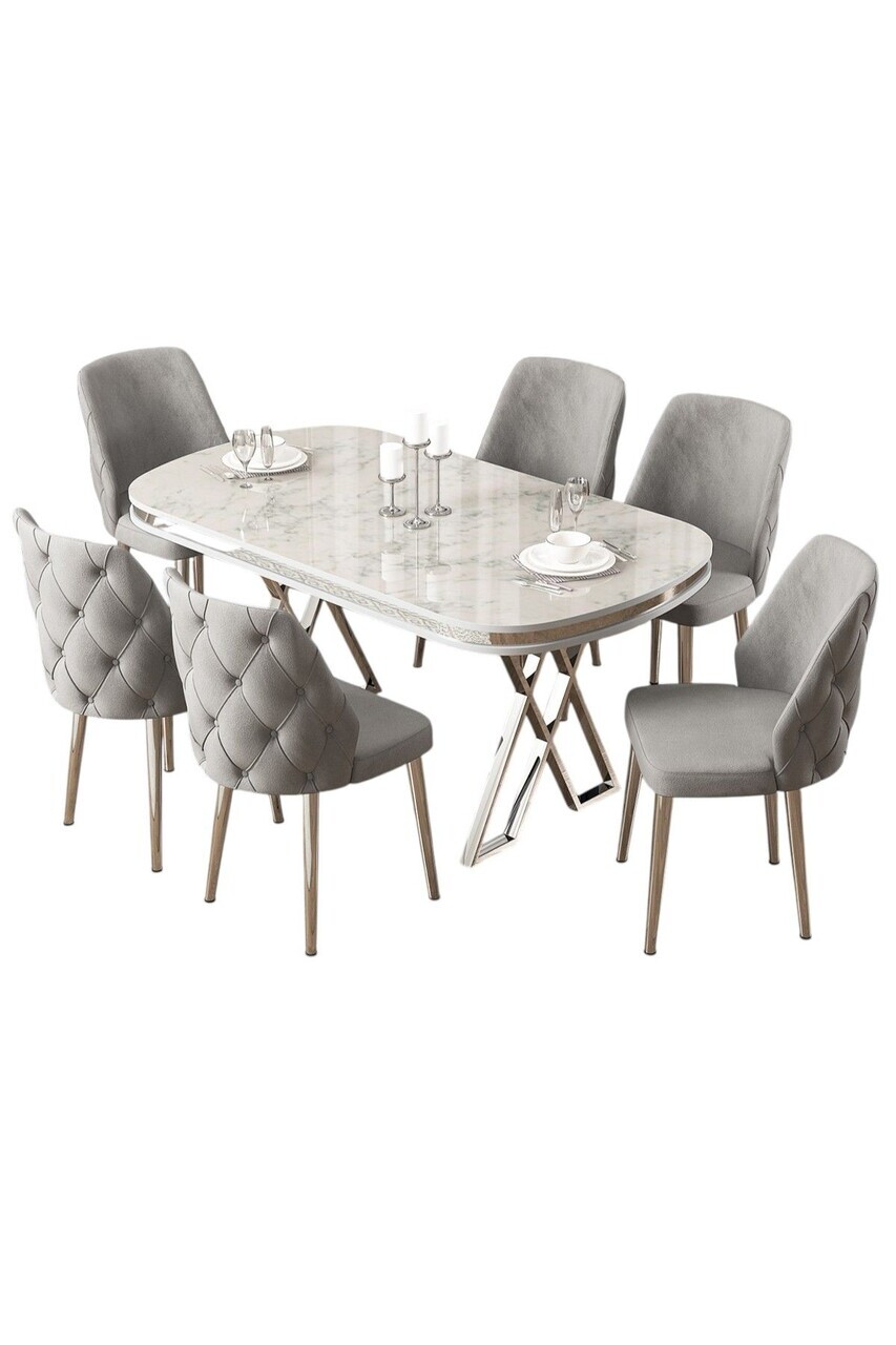 Set masa si scaune (7 piese), Hanah Home, Afe, Model de marmură albă / Crom / Gri — imaginea 2