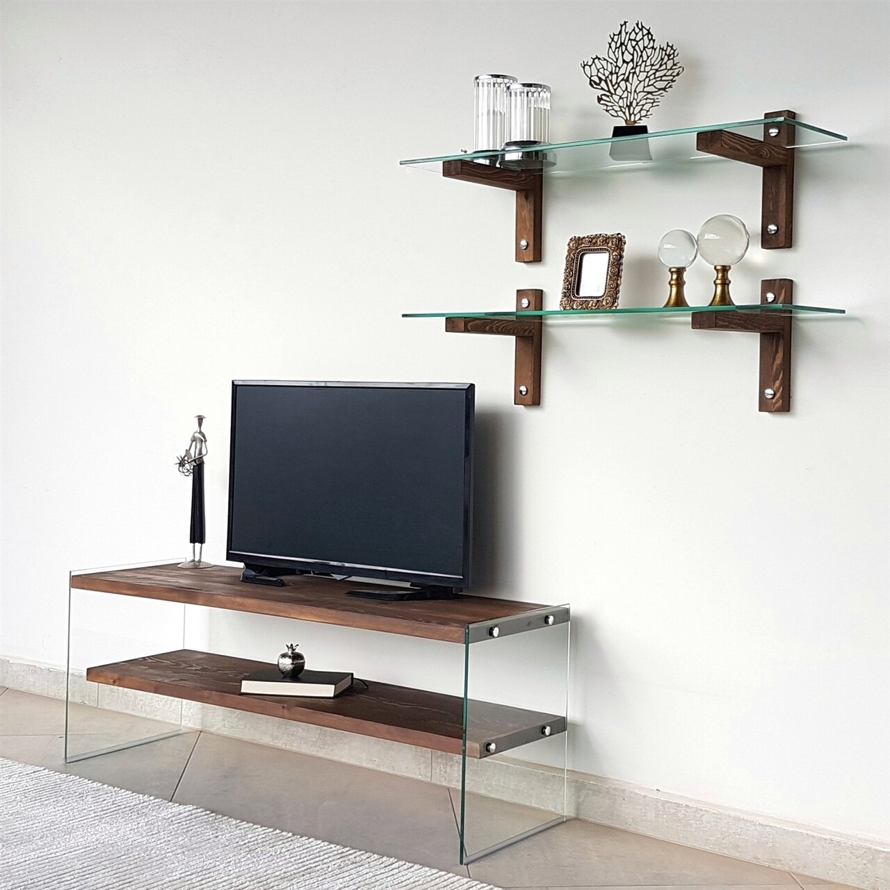 Comoda TV Cu Rafturi De Perete Neostill TV105, 120 X 45 Cm/85 X 25 Cm, Walnut