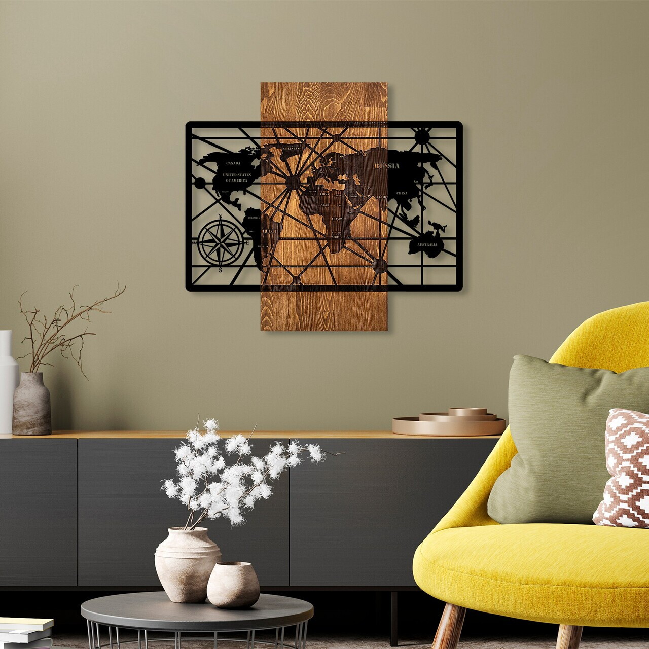 Decoratiune de perete, World Map 6-M, Dimensiuni: 57 x 63 cm, Nuc / Negru — imaginea 3