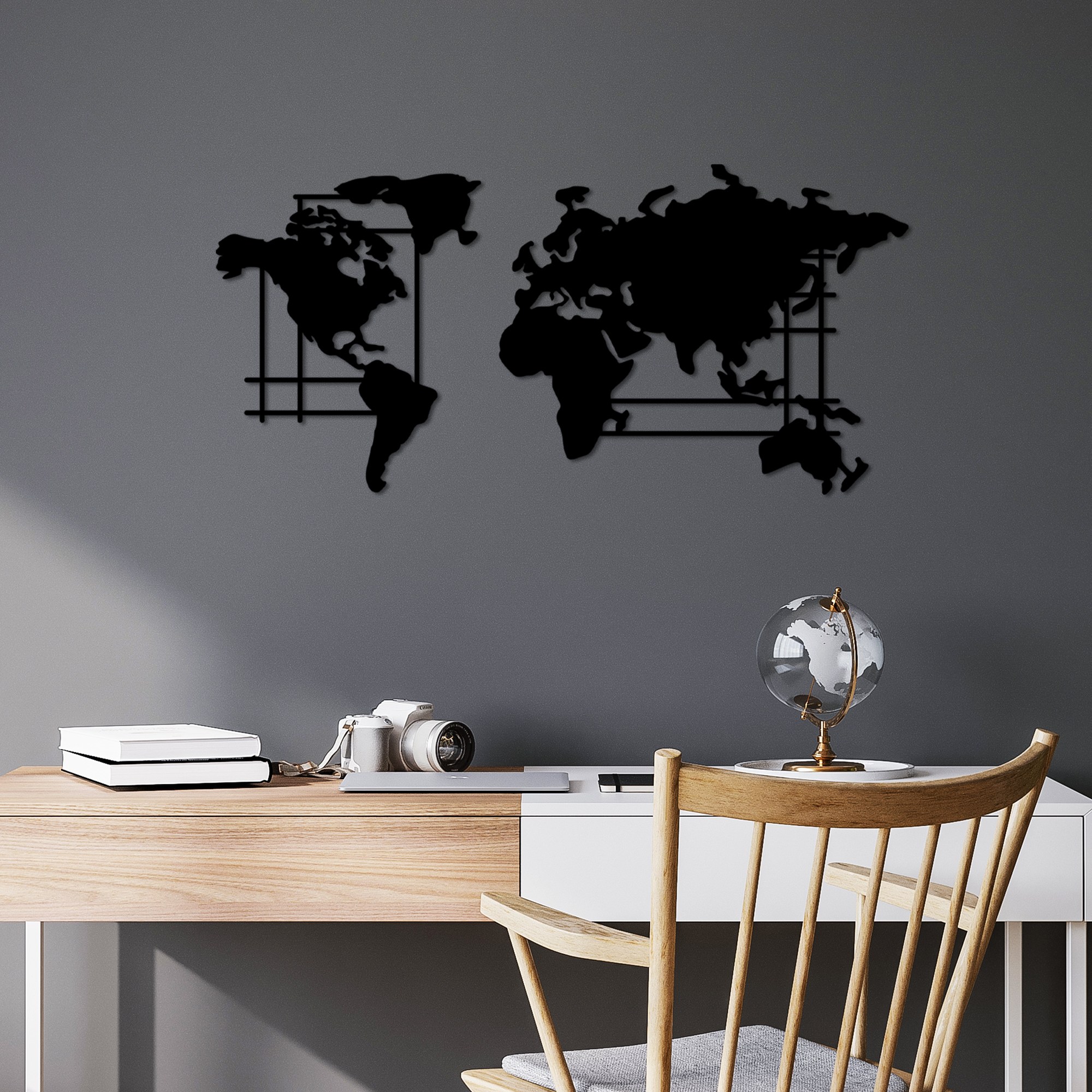 Decoratiune de perete, World Map, 70 x 33 cm, Negru