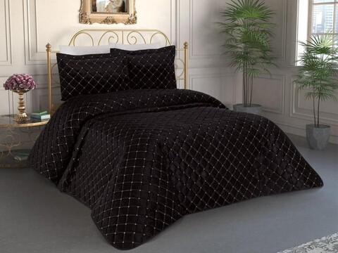 Set cuvertura de pat dubla 3 piese, Dessert - Black, Dowry World, Catifea
