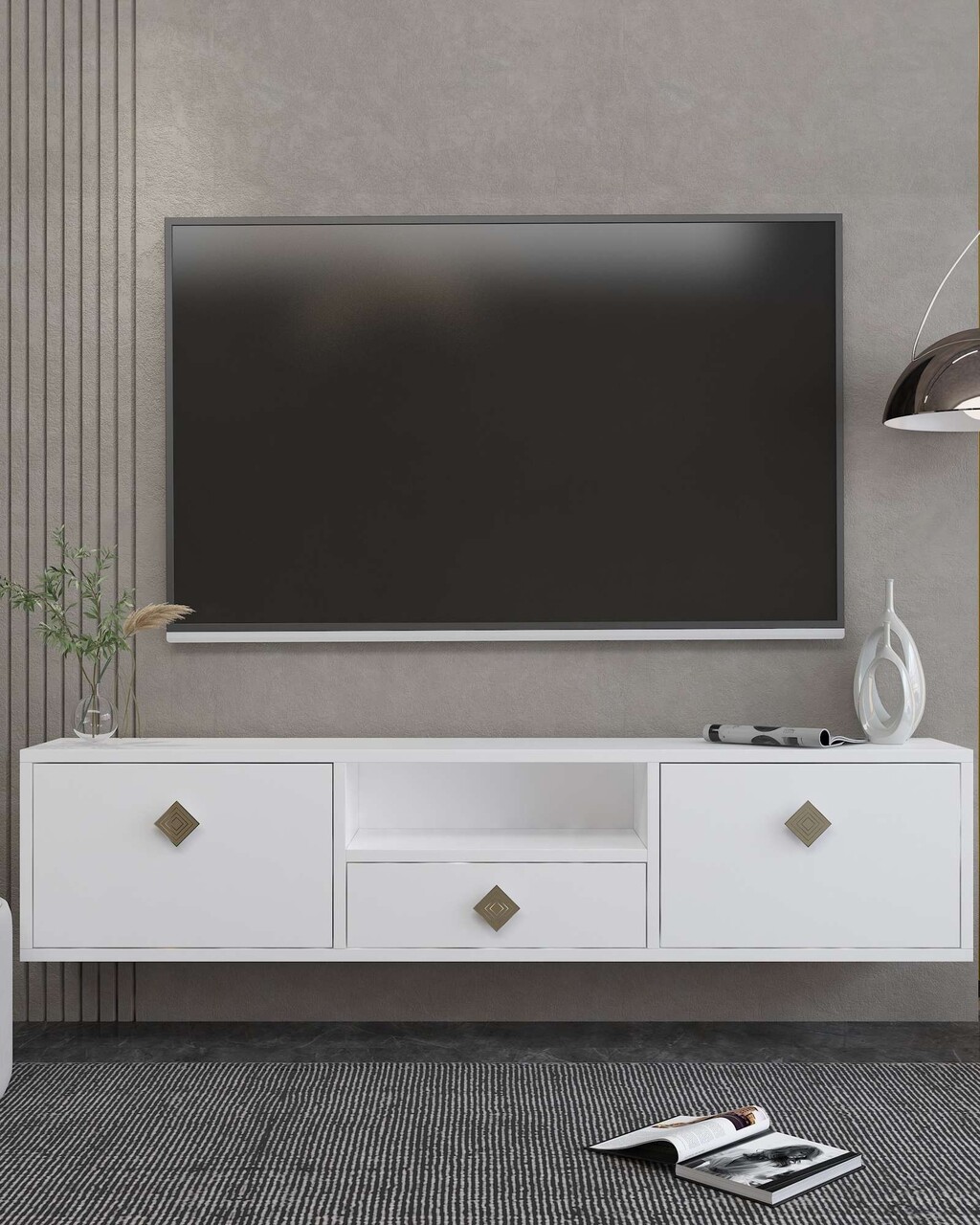 Comoda TV, Hanah Home, 1305-DROP-1, 140x30x30 cm, PAL , Alb/Auriu - view 2