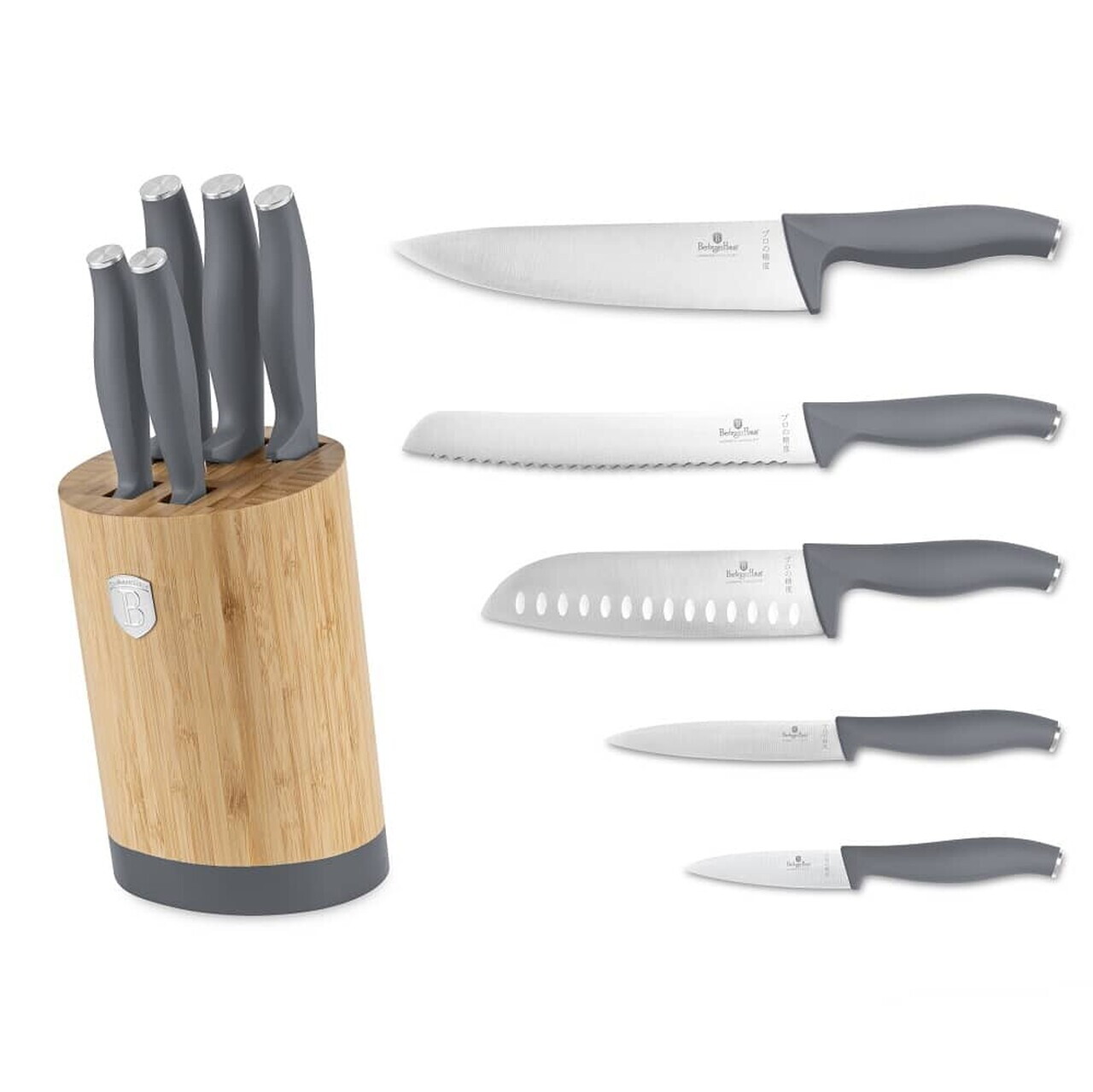 Set 5 cutite cu suport rotund Berlinger Haus, Aspen, inox/bambus, gri mat/natur - imagine 4