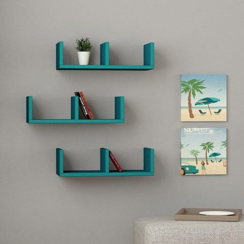Set 3 rafturi pentru perete U-Model, Decortie, 50x20x14 cm, turcoaz