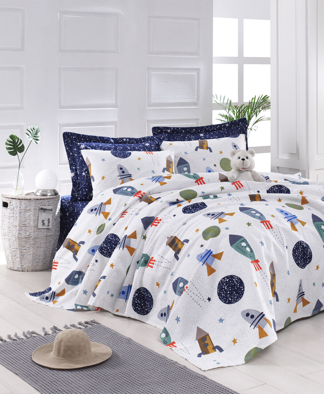 Cuvertura pique Single, Spacex - Dark Blue, EnLora Home, Bumbac