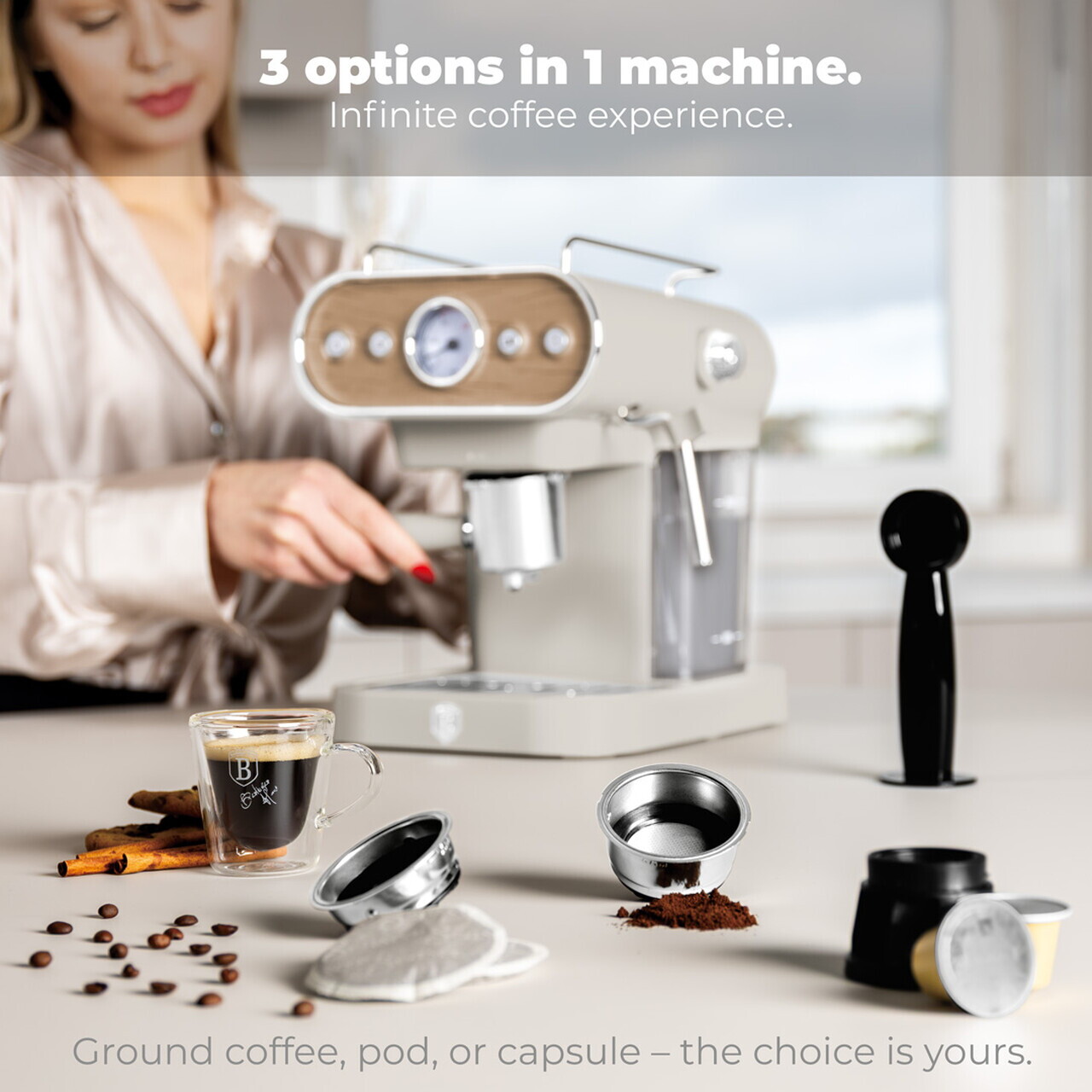 Espressor 3 in 1 Berlinger Haus, Sahara Nordic, 950W, 23x26.5x30.5 cm, inox, crem mat/natur - view 11