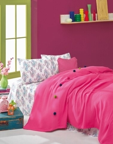 Set lenjerie de pat + cuvertura pentru o persoana Fancy Fuchsia, Cotton Box, 3 piese, 160 x 230 cm, 100% bumbac ranforce, roz Cotton Box