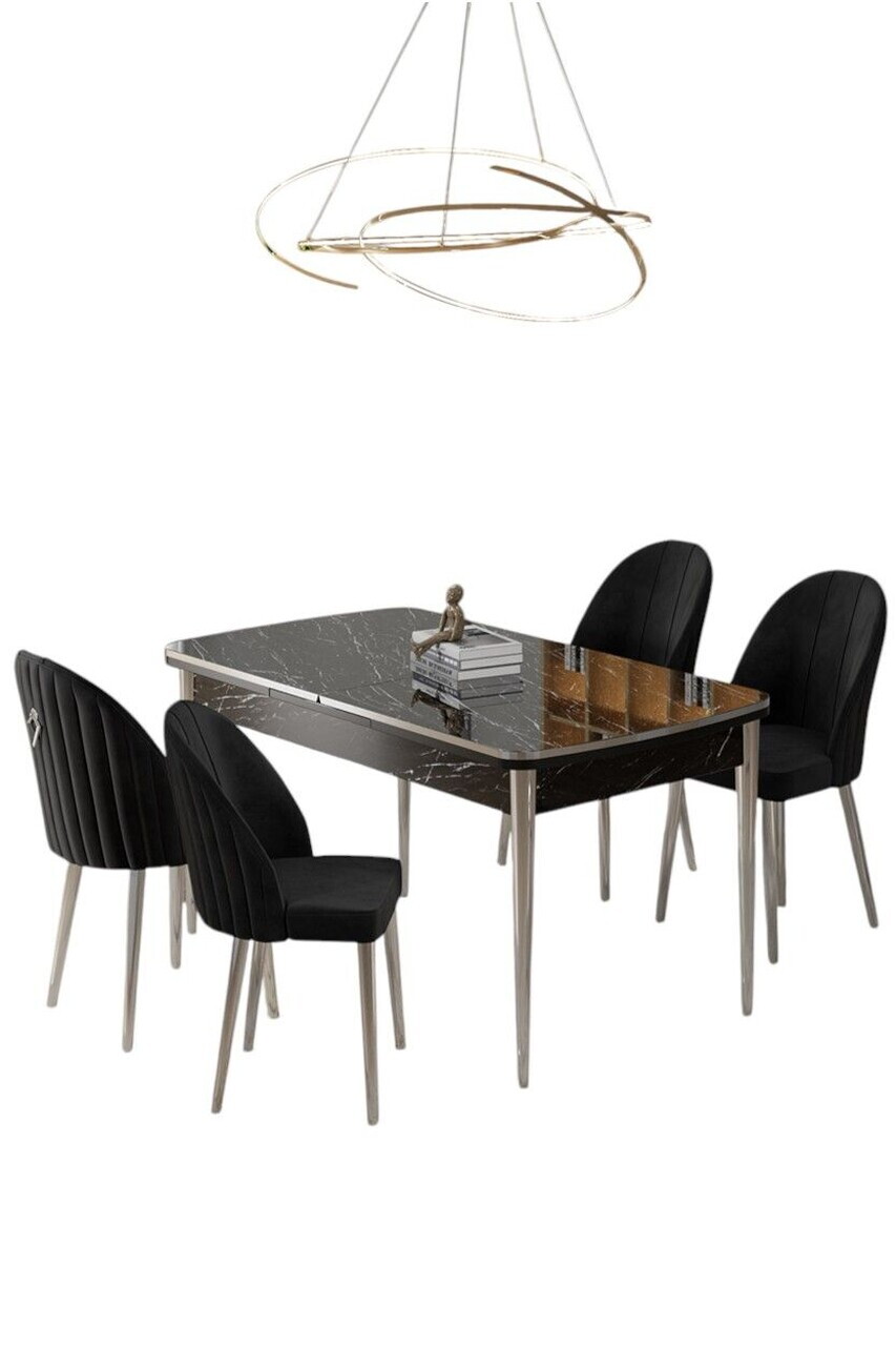 Set masa extensibila si scaune (5 piese), Hanah Home, Rada, Model de marmură neagră / Crom / Negru — imaginea 2