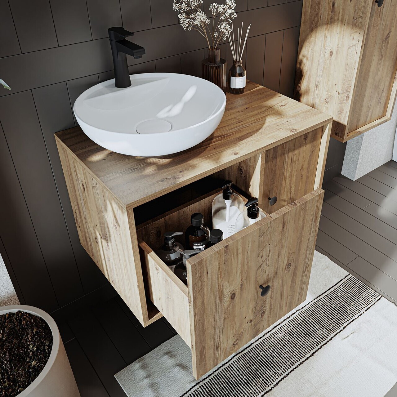 Dulap de baie cu chiuvetă, Hanah Home, 2540, MDF, Maro — imaginea 5