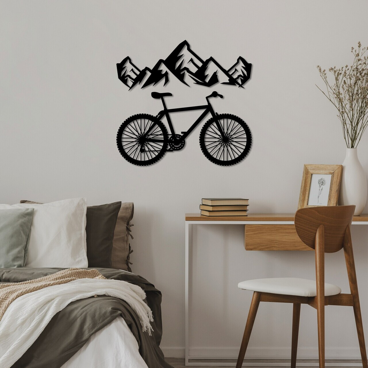 Decoratiune de perete, Mountain And Bicycle, Dimensiune: 70 x 26 cm (1 bucată), Negru