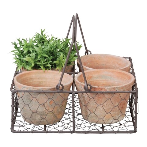 Set 4 ghivece in suport, Esschert, 23.5 x 23.5 x 10.2 cm, teractota/otel moale