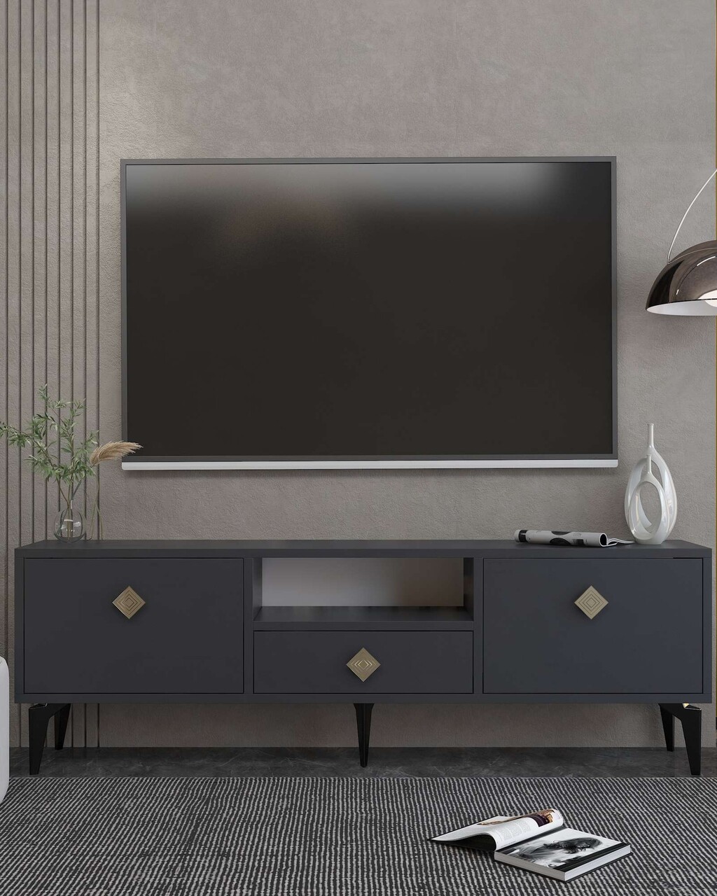 Comoda TV, Hanah Home, 1304-DROP-1, 140x49x30 cm, PAL , Antracit / Aur - view 2