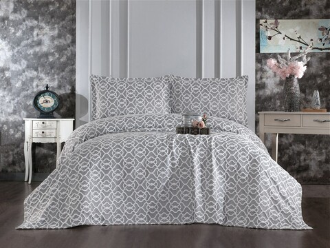 Set cuvertura de pat dubla 3 piese, Merlin - Grey, Whitney, Tesatura Chenille