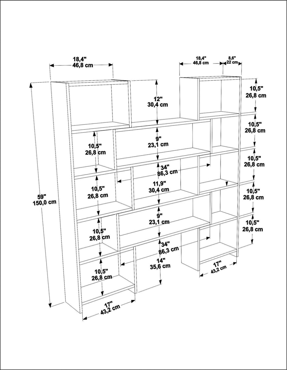 Corp biblioteca, Zena Home, Poyraz, 163.5x150x22 cm, PAL, Stejar alb