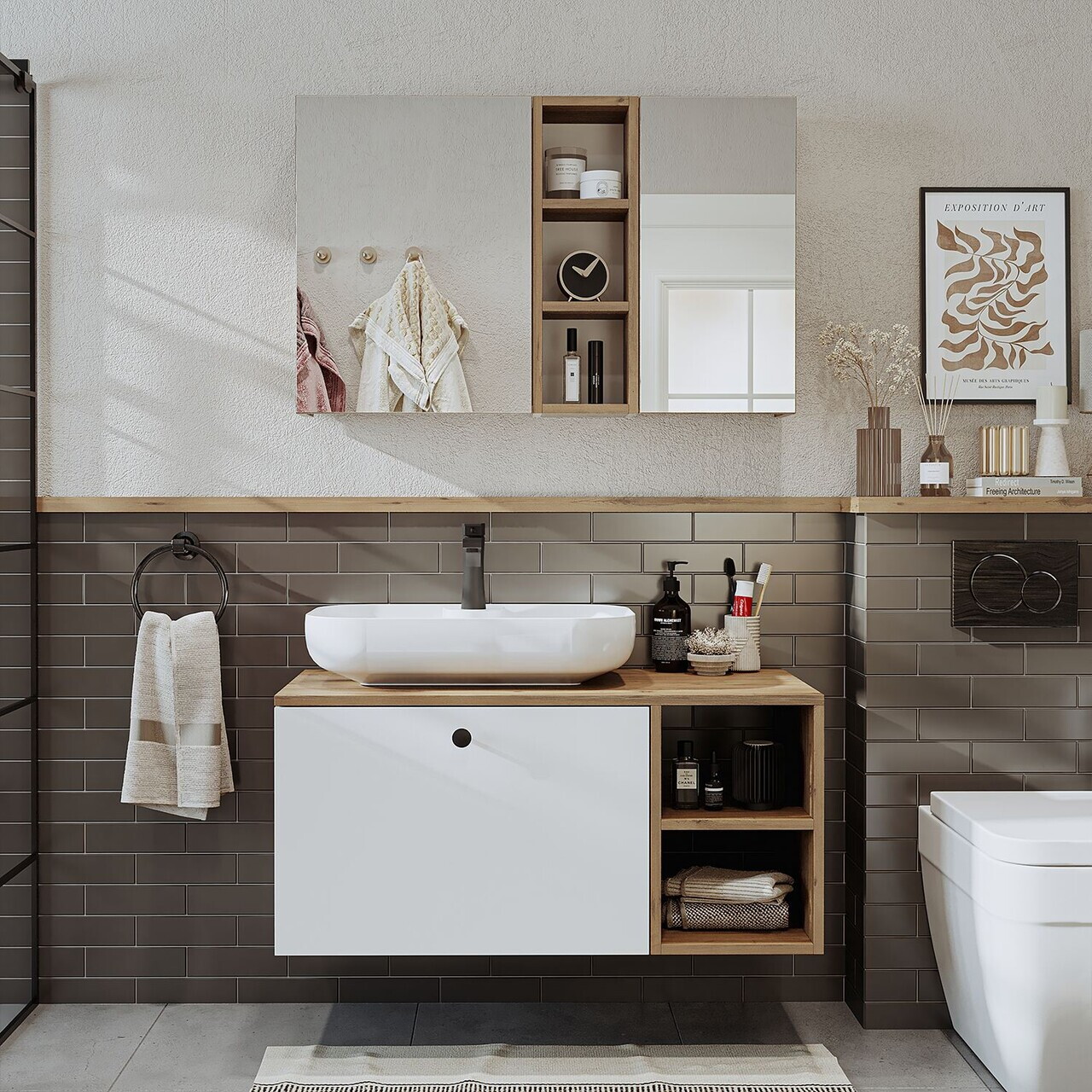 Set Dulap de Baie cu Chiuvetă și Oglindă (2 Piese), Hanah Home, 2520, MDF, Pin Atlantic / Alb — imaginea 3