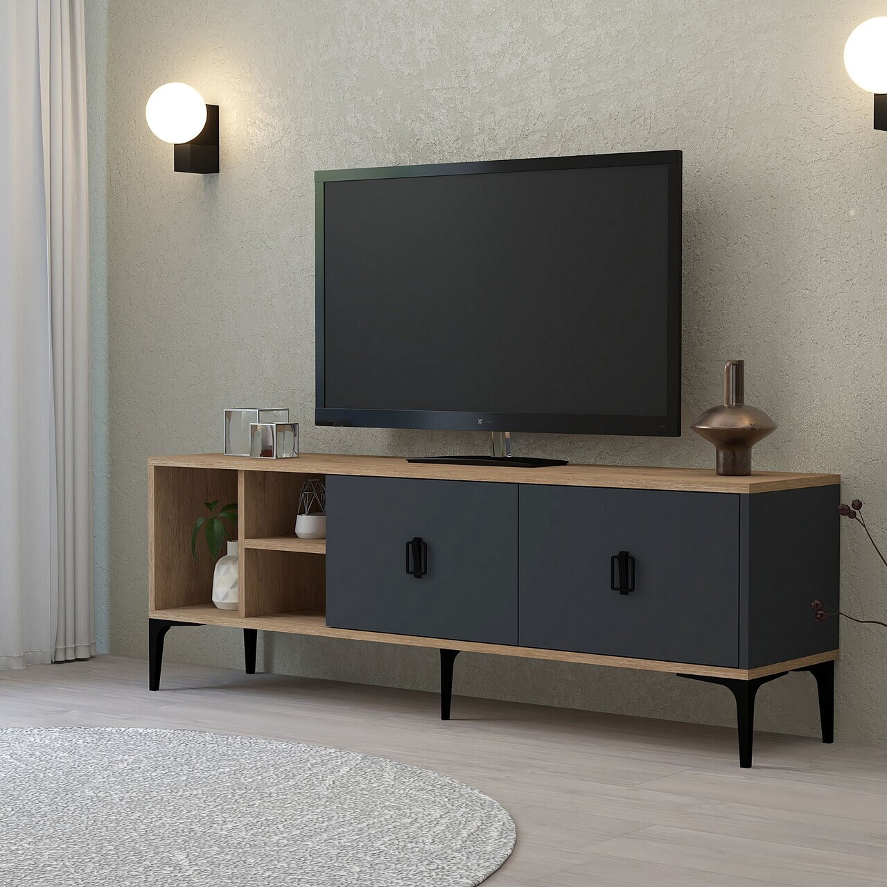 Comoda TV, Hanah Home, Era 3505, 150x50x35 cm, PAL, Stejar safir / Antracit — imaginea 3