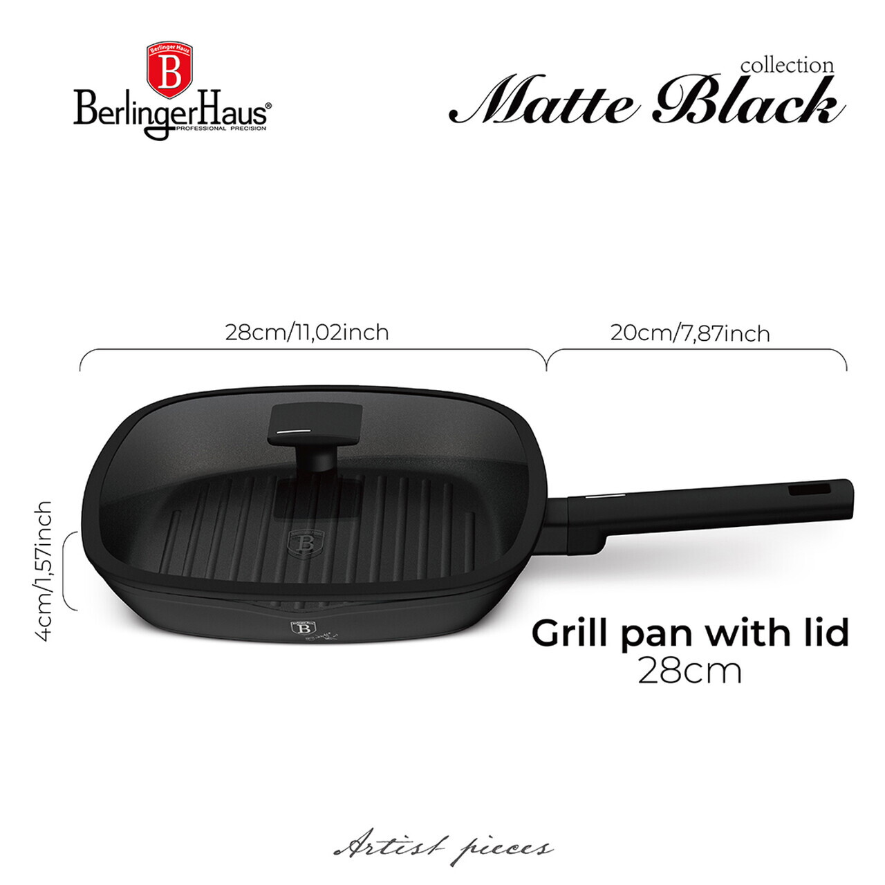 Tigaie grill cu capac Berlinger Haus, Matte Black, 28 cm, 2.1 L, aluminiu forjat, negru - imagine 10