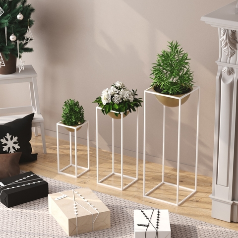 Ghiveci, GED-019-C, 28x80x28 cm, Metal, Alb/Auriu