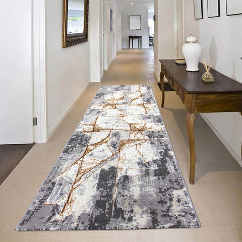 Covor de hol, HE625, 80×300 cm, Poliester, Gri / Auriu mezoni.ro