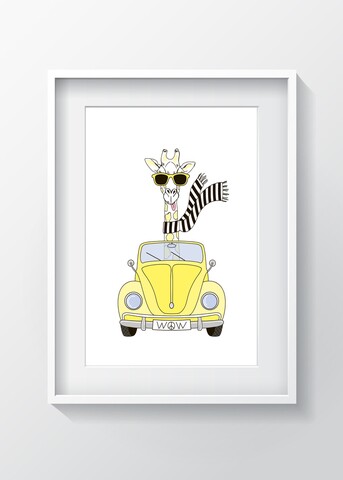 Tablou decorativ giraffe in the car, oyo kids, 29x24 cm, lemn/mdf, multicolor