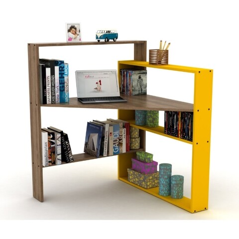 Birou de colt Rafevi Pisagor Corder, 94 x 94 x 114 cm, PAL, walnut/galben
