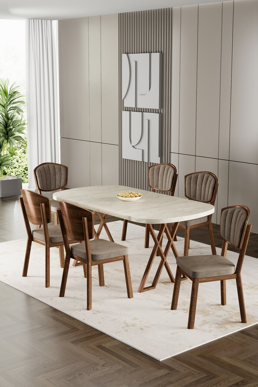Set masa si scaune (7 piese), Hanah Home, Flori, Travertin / Aspect de lemn / Cappuccino