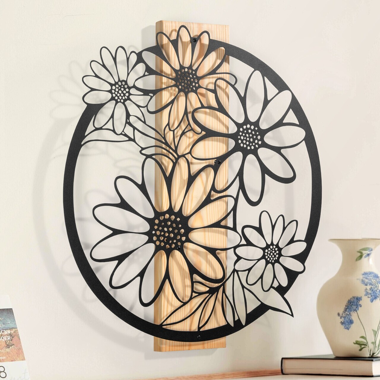 Decoratiune de perete, Marguerite, Cadru: Lemn (Grosime: 2 cm), Natural/Negru