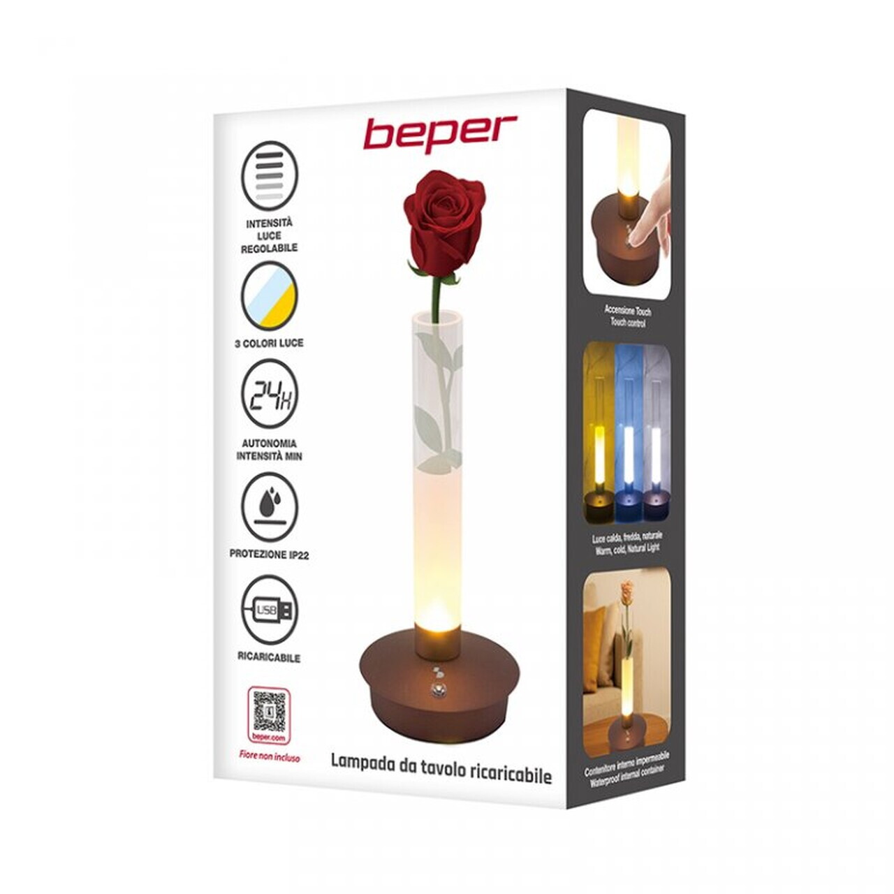 Lampa de masa reincarcabila Flora, Beper, 10.5x22 cm, metal/plastic, maro/transparent — imaginea 7