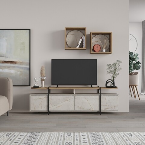 Comoda TV cu 2 rafturi, Decortie, Hanley, pal melaminat, alb/bej