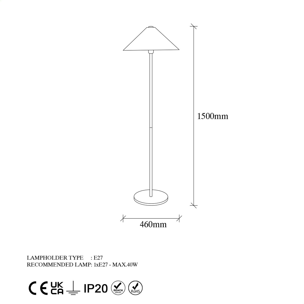 Lampadar, Mixed - 11512, Fulgor, 46 x 150 cm, 1 x E27, 40W, auriu