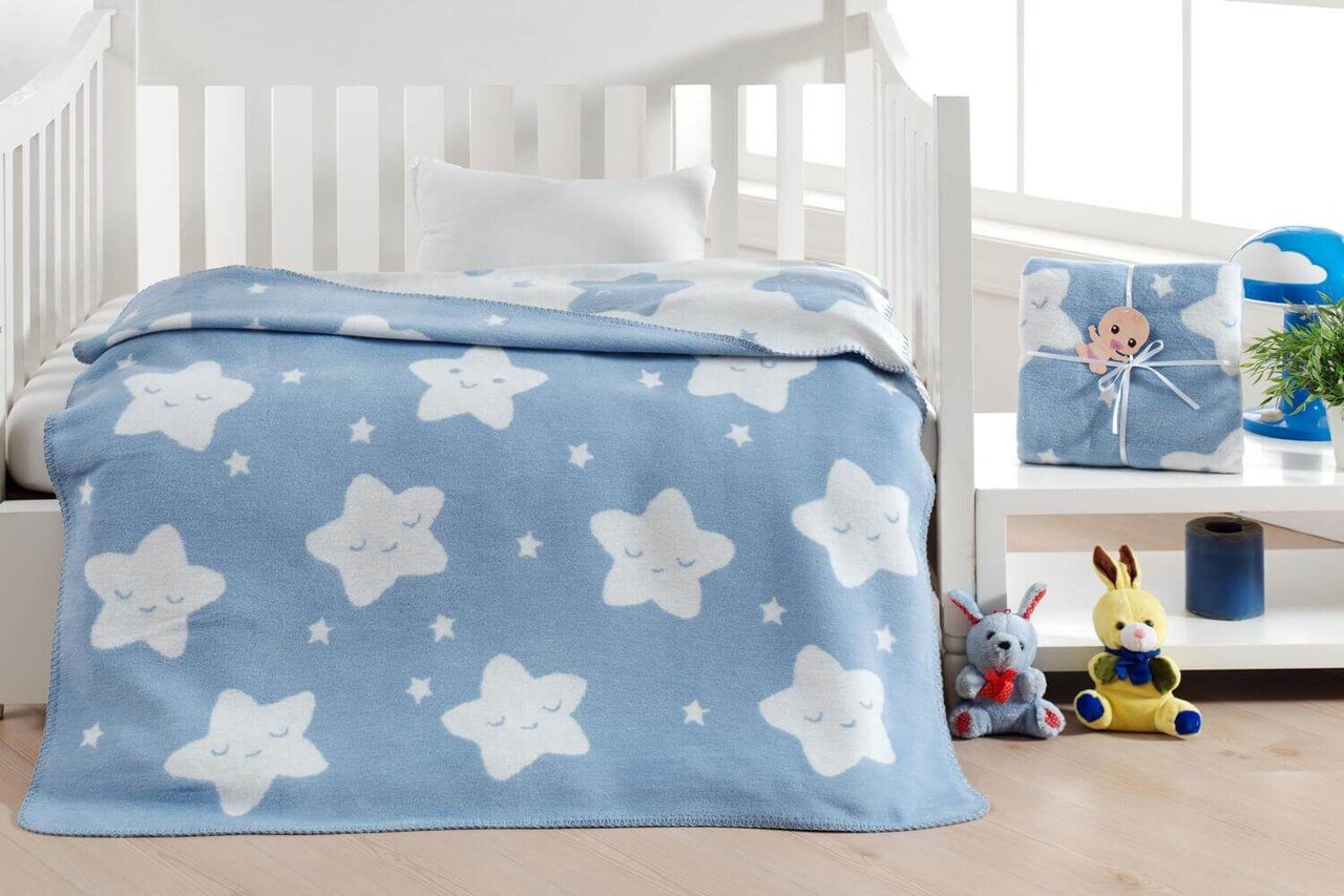Patura bebelusi, Star - Light Blue, Dolce Bonita Home, 75% BUMBAC/15% ACRIL/10% POLIESTER