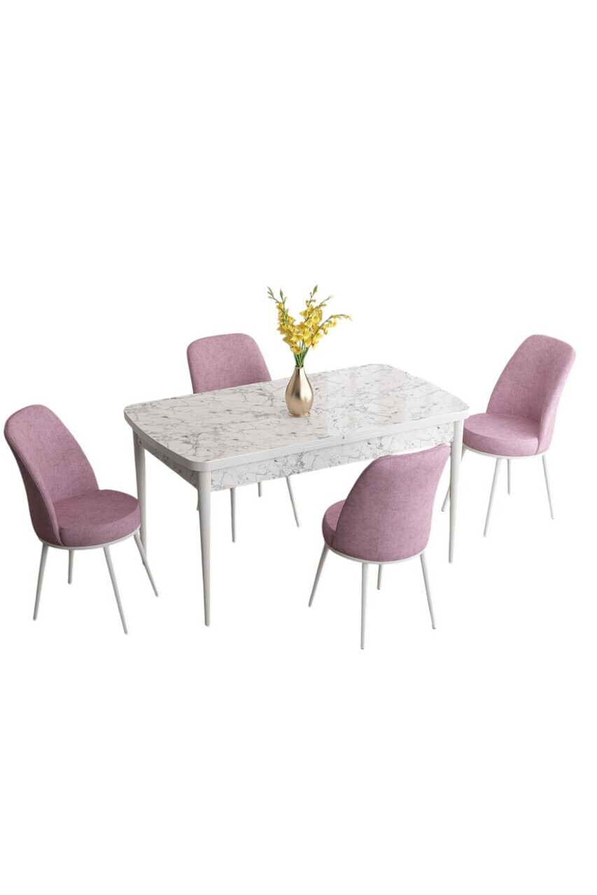 Set masa extensibila si scaune (5 piese), Hanah Home, Han, Model de marmură albă / roz — imaginea 2