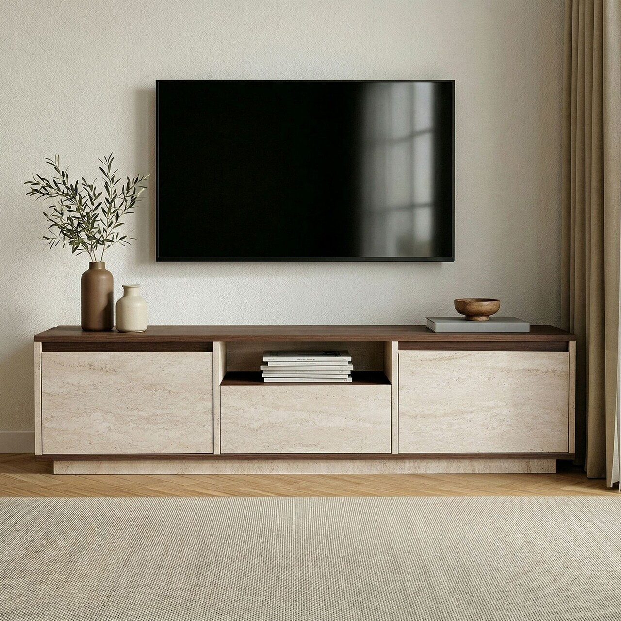 Comoda TV, Nordure, Sentinel, 160x42x30 cm, PAL, Travertin / Nuc Milano — imaginea 2
