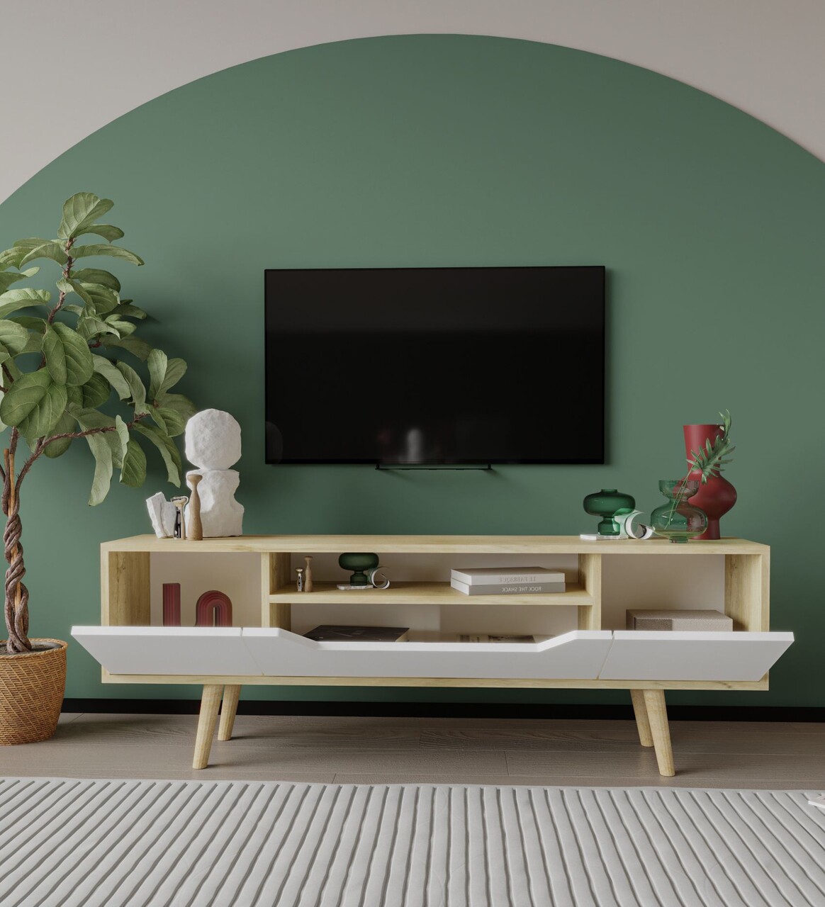 Comoda TV, Hanah Home, Roma 150, 150x53x29.8 cm, PAL, Stejar Safir / Alb - imagine 3