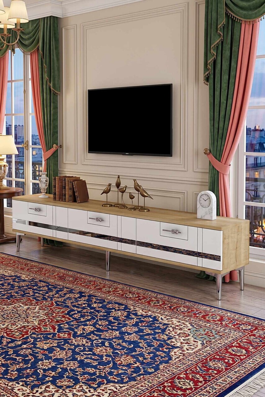 Comoda TV, Hanah Home, Ilay, 180x41x30 cm, Stejar Safir / Alb / Argintiu