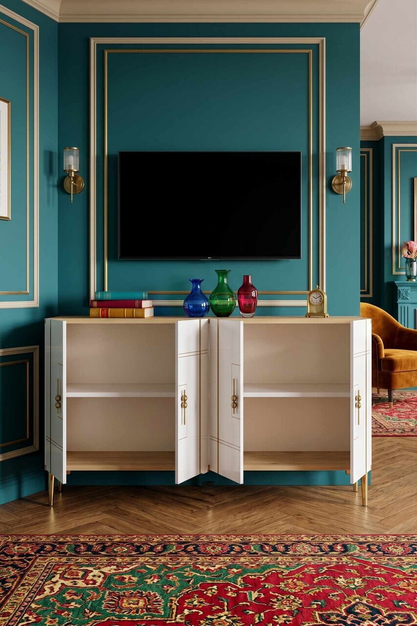 Consola, Hanah Home, Ilay 120, 120x75x32 cm, Stejar Safir / Alb / Auriu — imaginea 3