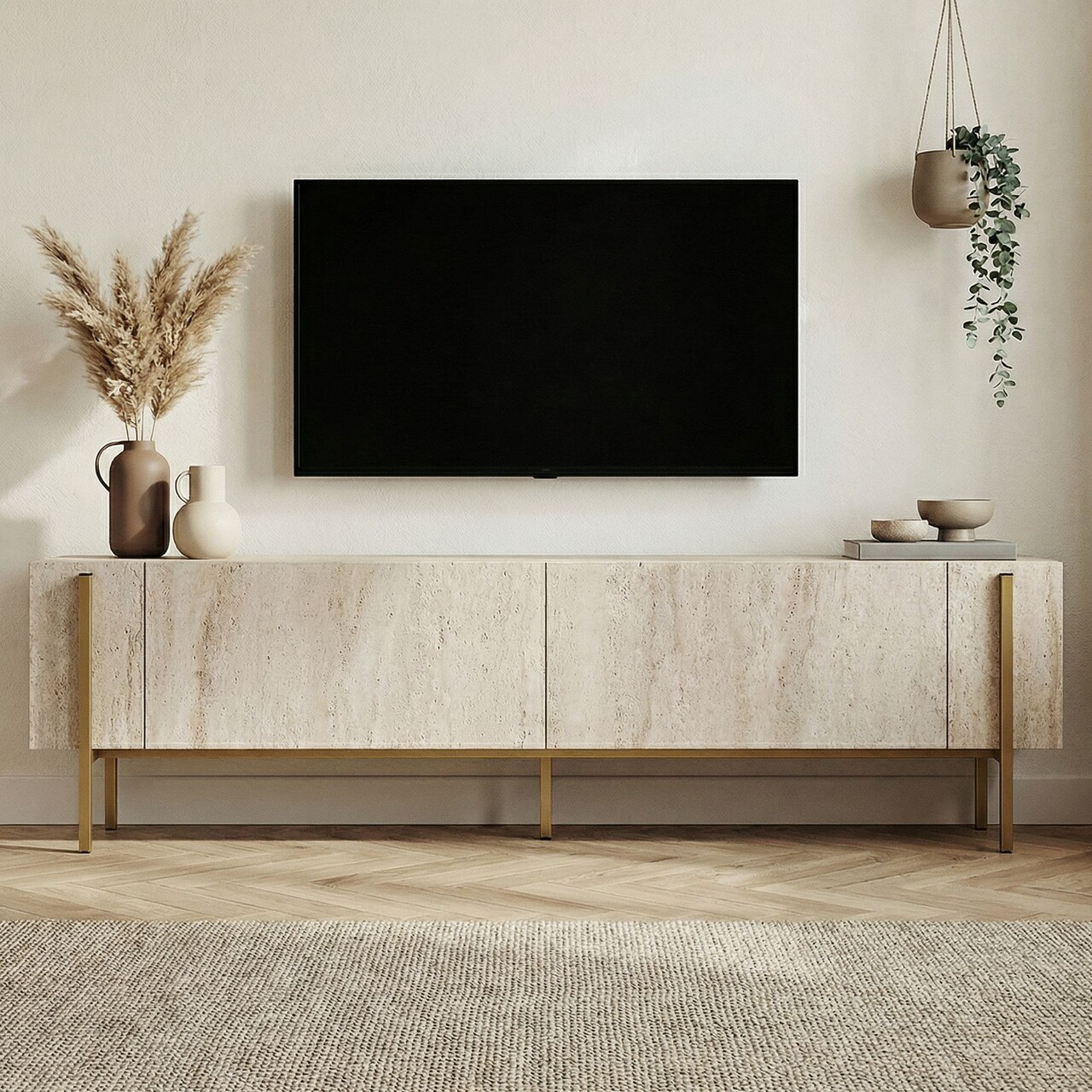 Comoda TV, Hanah Home, Nexus, 180x30x45 cm, Travertin / Auriu - imagine 2